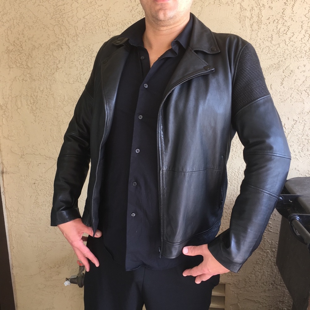 Gently used lamb skin men’s leather moto jacket